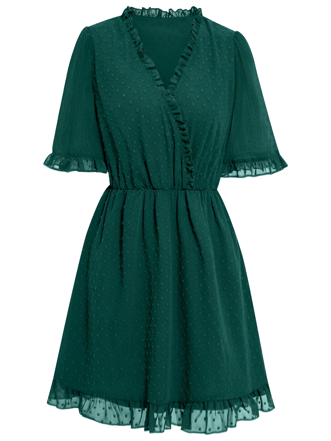 Women Swiss Dot Puff Sleeve Dress Frill Trim Surplice Skirt