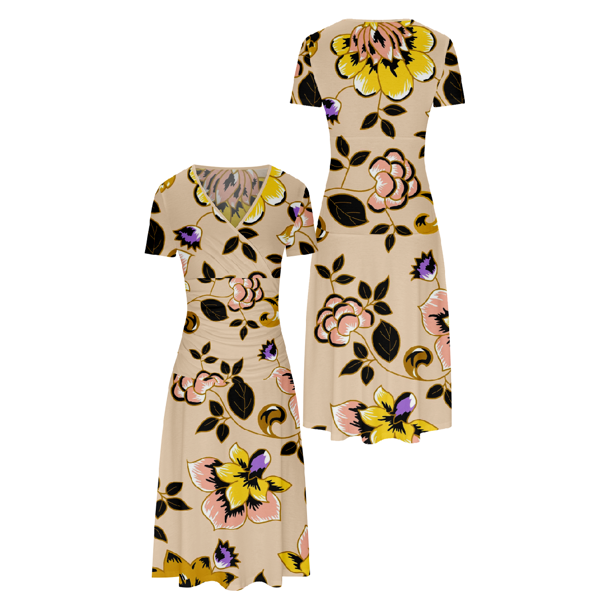 Women Flower Vintage Bodycon Dress Slim Waistline Short Sleeve V Neckline