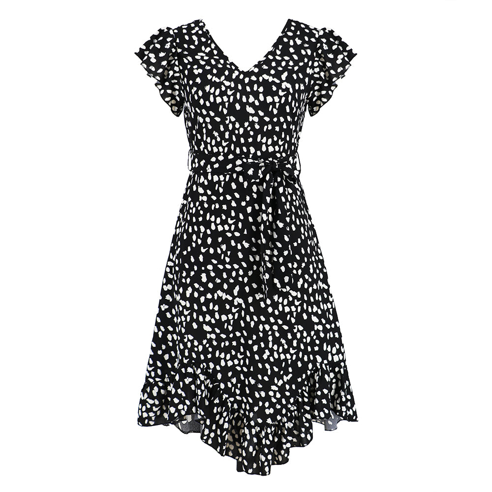 Women Polka Dot Dress Short Sleeves  V-Neckline Wrap Dress