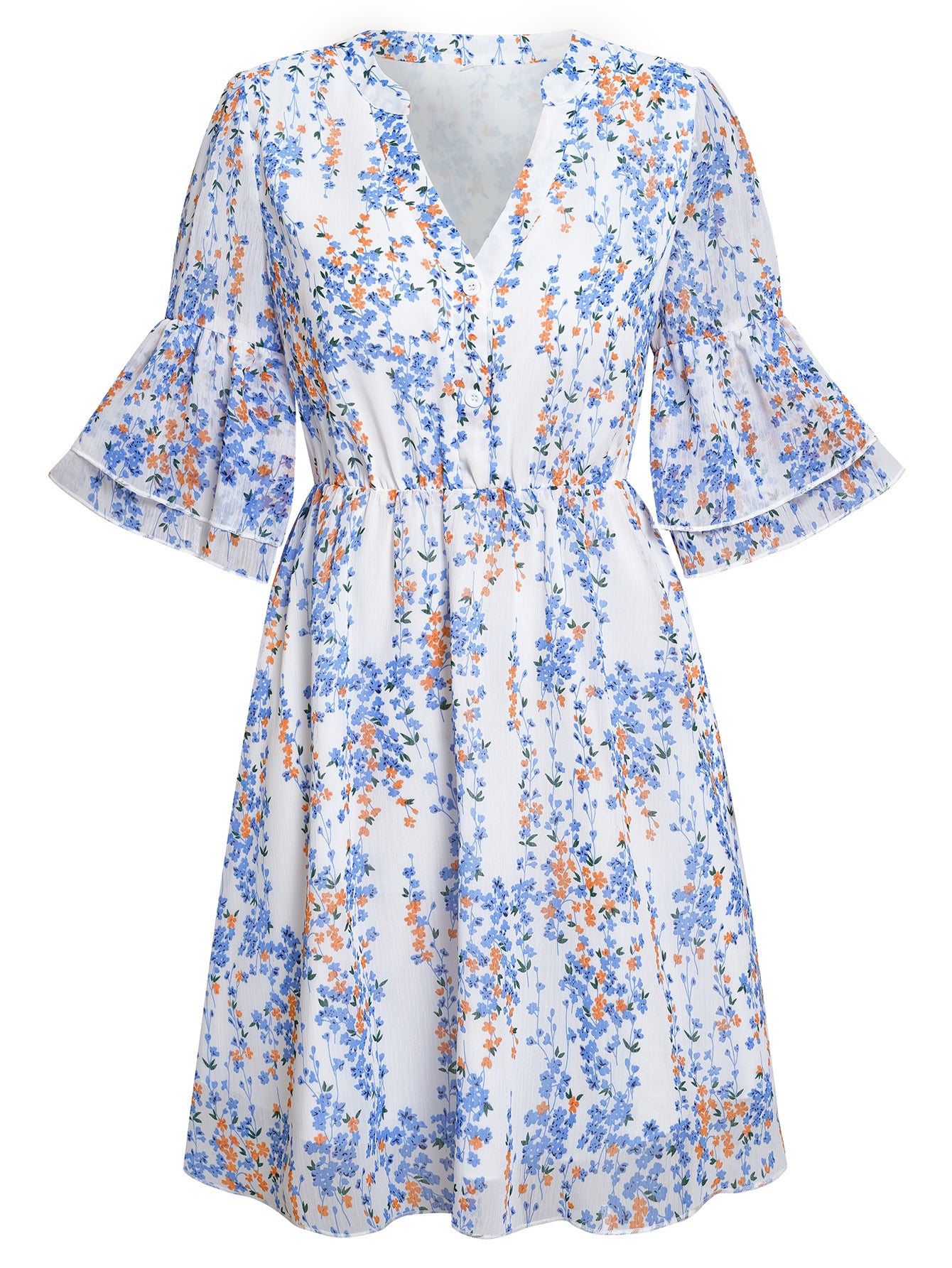 Women Floral Print Button Down Skirt Ruffle Sleeve V Neck Dress