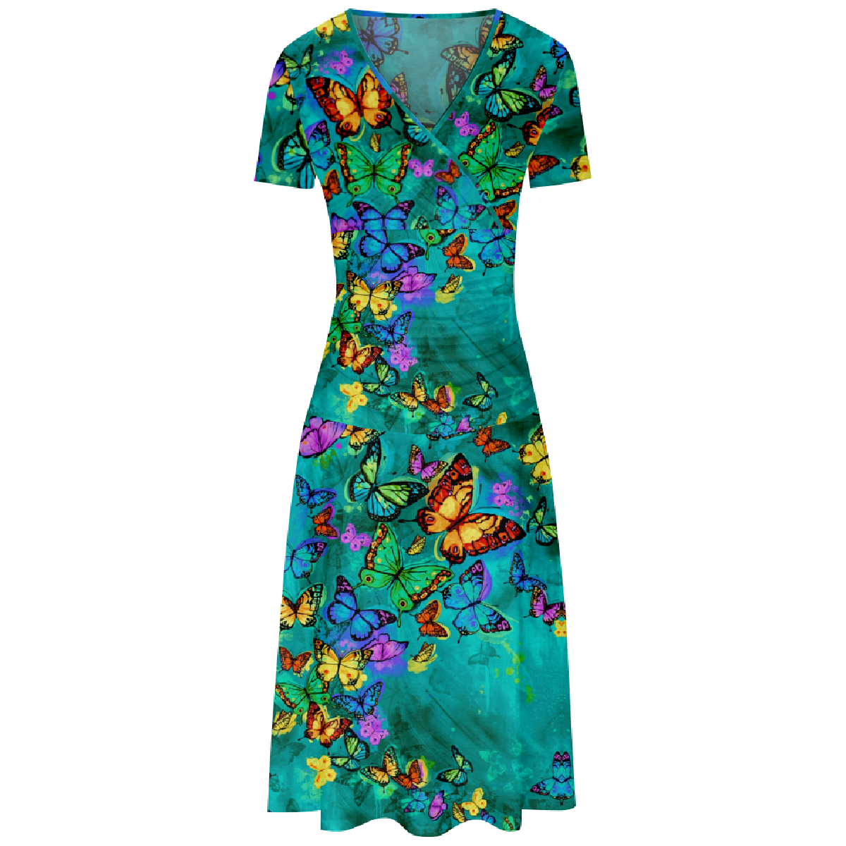 Women Butterfly Print Bodycon Dress Green Dress Short Sleeve V-Neckline