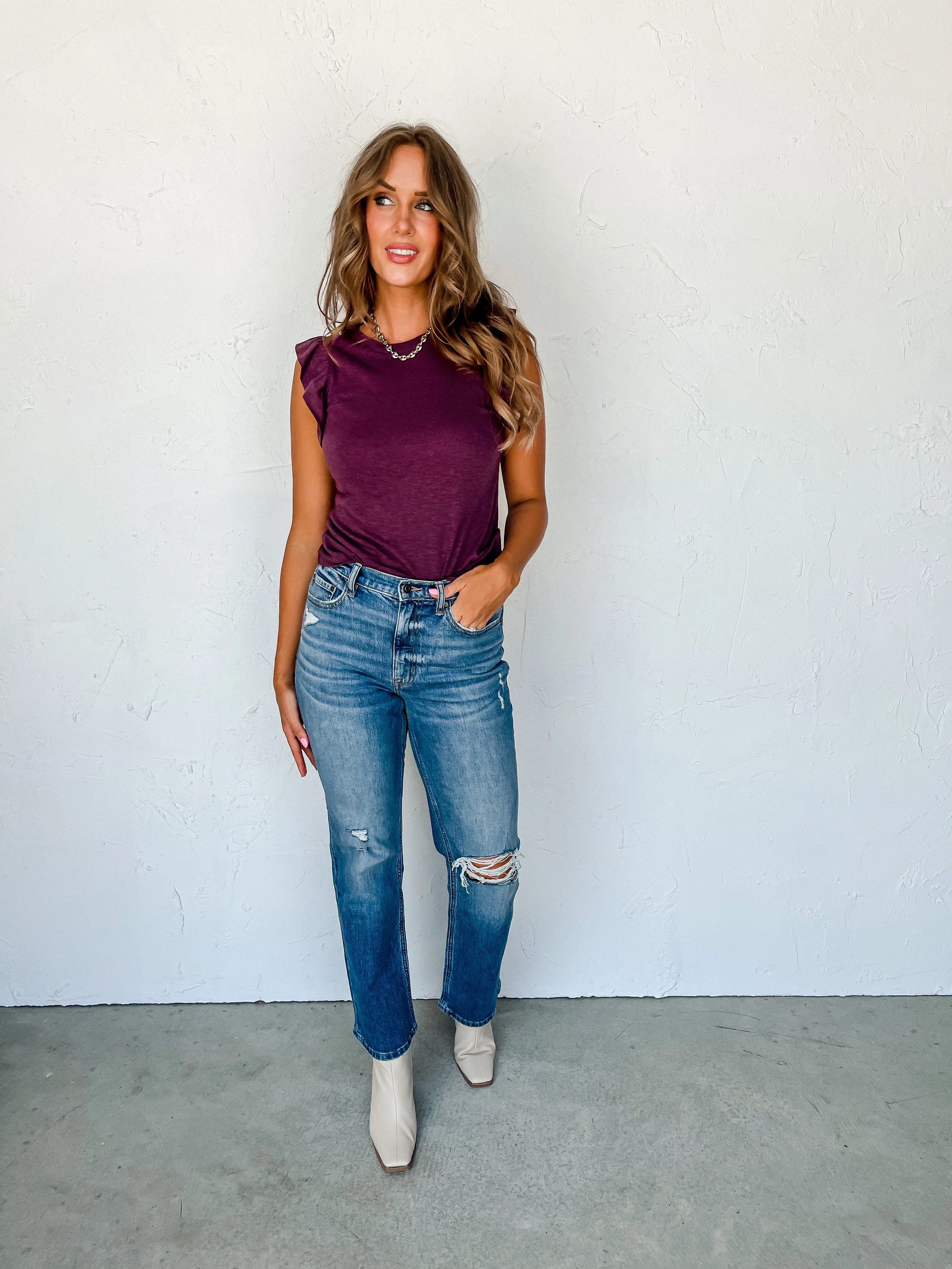 [Another Love] North Ruffle Trim Top-Prune