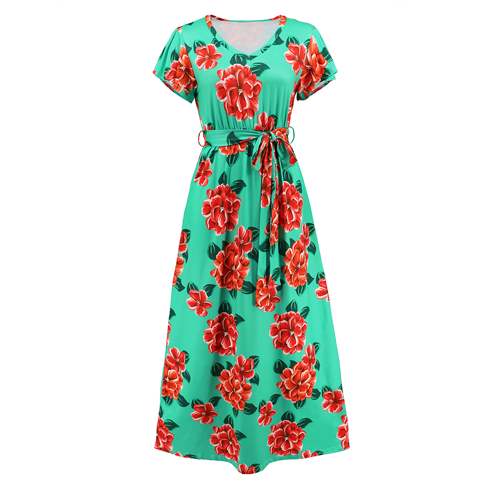 Women Rose Flower Print V Neck Long Dress Short Sleeves Floral Sundress