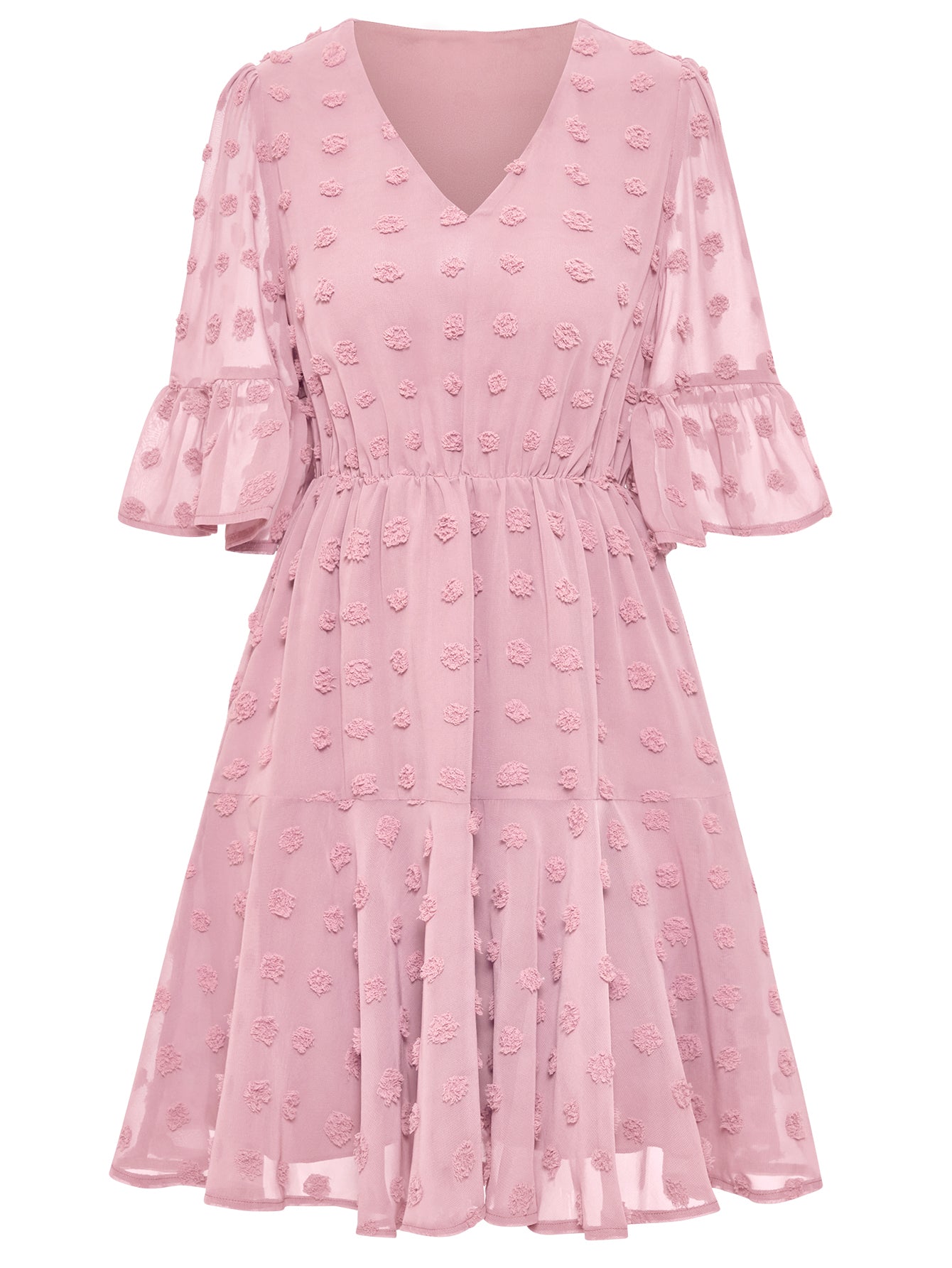 Women Swiss Dot Puff Sleeves V-Neckline Dress Summer Skirt