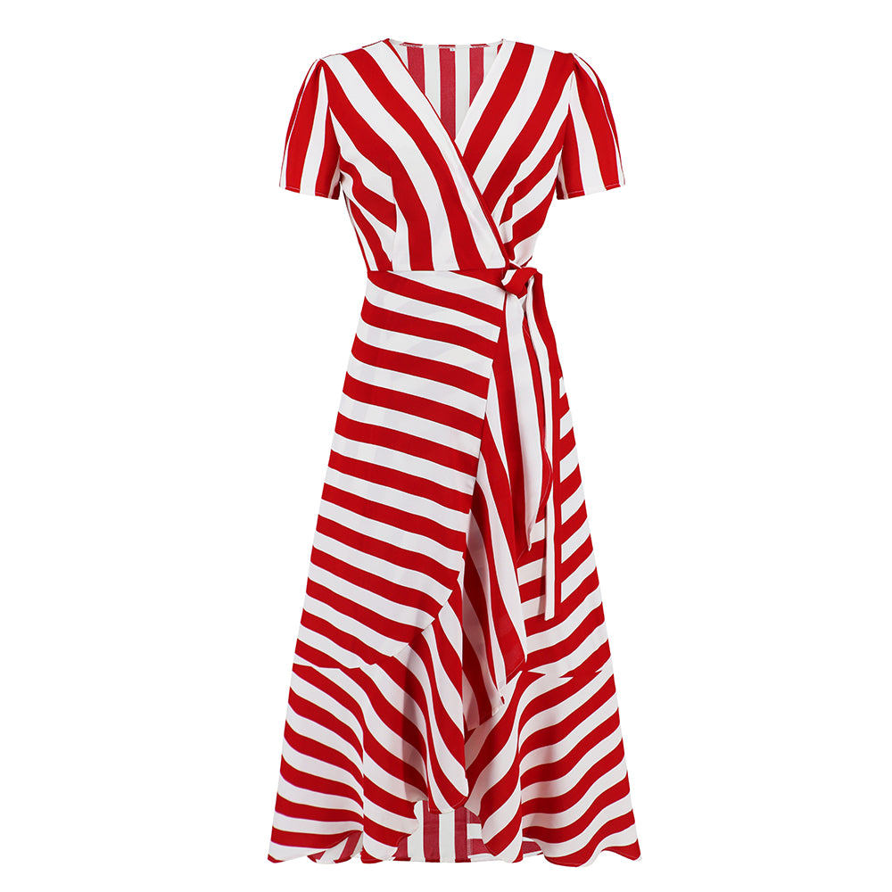 Women Short Sleeve Striped Long Dress V-Neckline Wrap Dress Ruffled