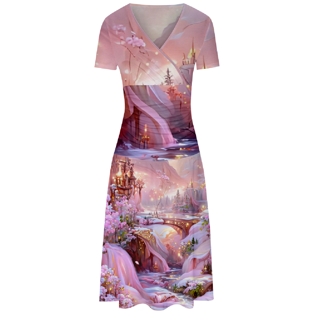 Castle Print Bodycon Dress Women Pink V-Neck Dress Short Sleeve Dress