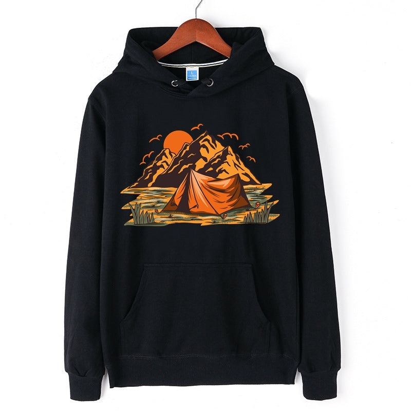 Camping Hoodie Mountain and Camping Graphic Print Pullover Outdoor Tops for Men