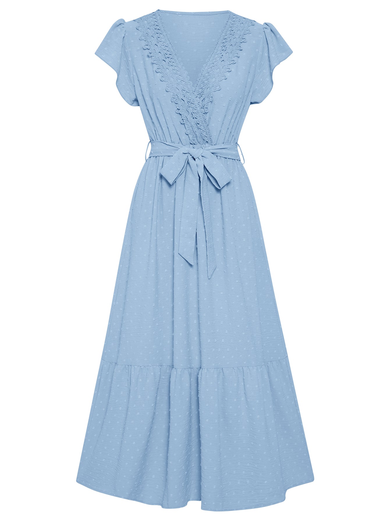 Women Dotted Swiss Long Dress Tie Side V-Neckline Layered HEM