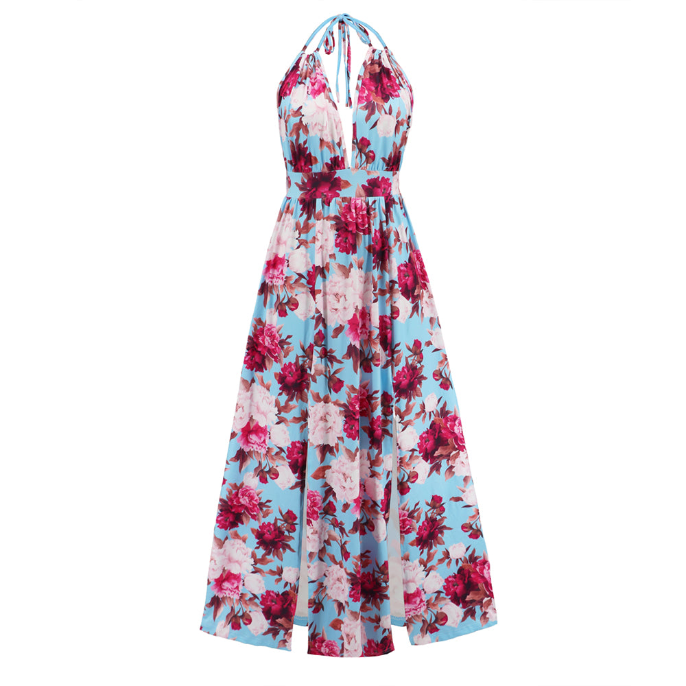 Women Plunge Neck Long Dress Sleeveless Split Thigh Backless Dress