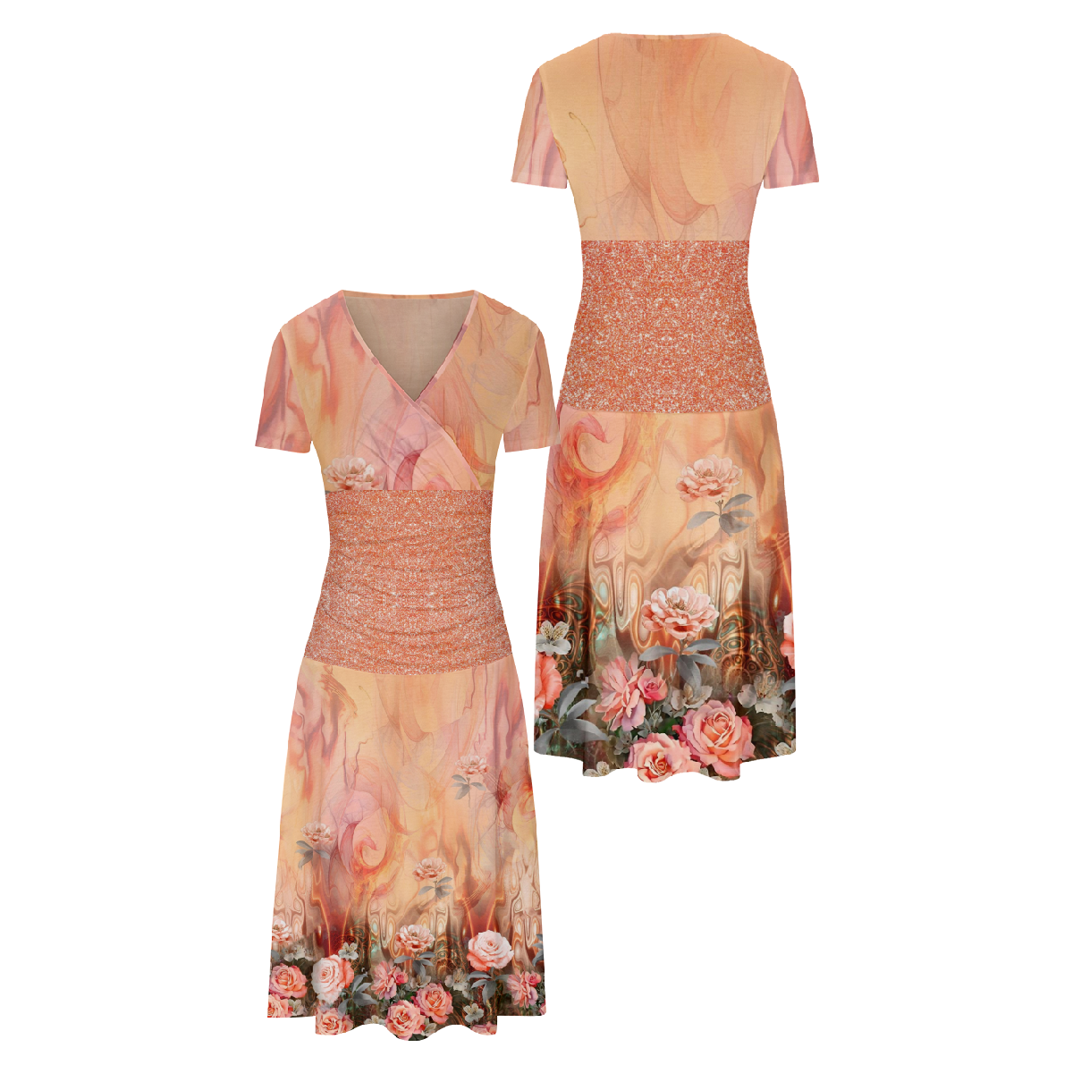 Rose Flower Print Bodycon Dress Women Pink V-Neck Dress Short Sleeve Dress