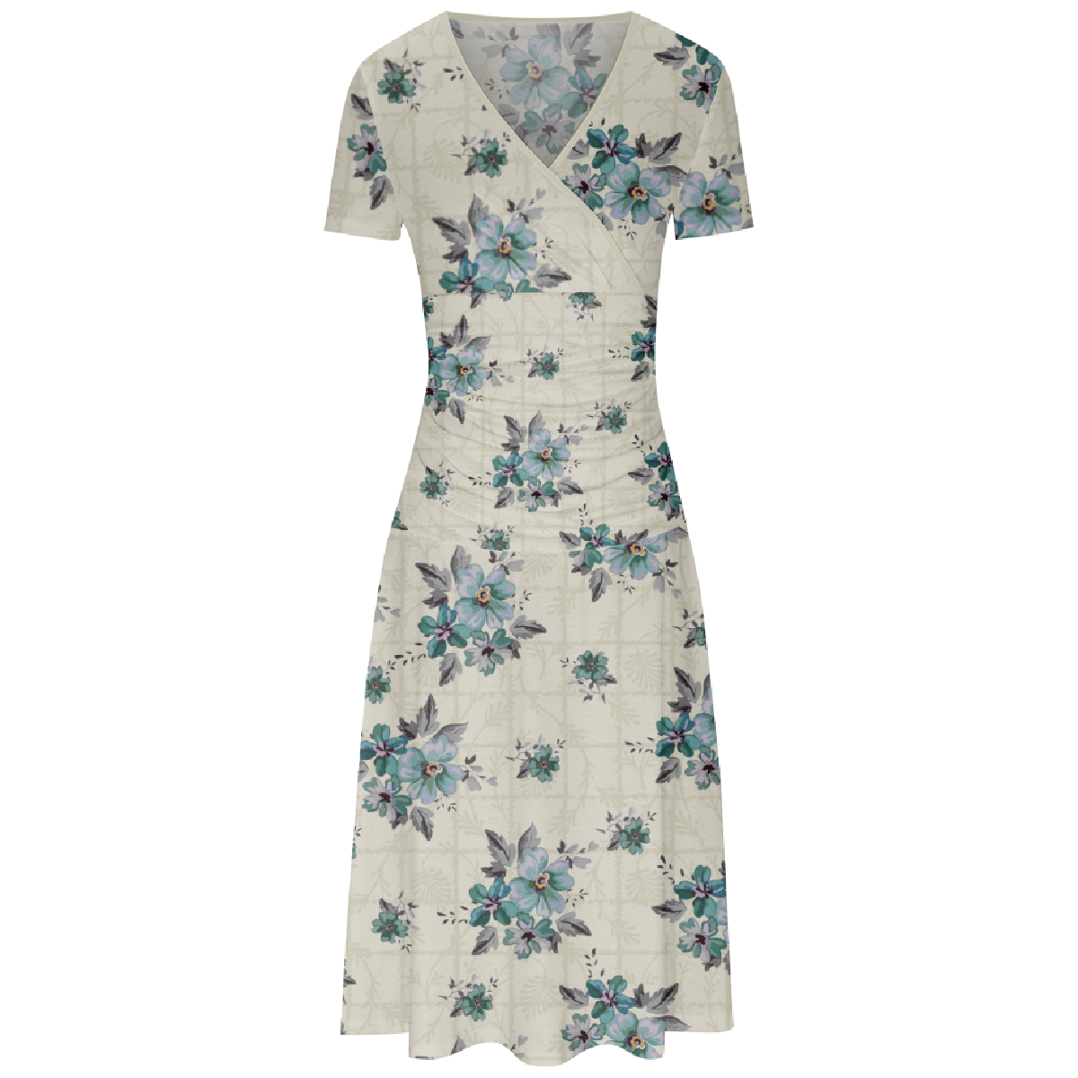 Women Flower Beige Dress Asymmetrical V-Neckline Dress with Short Sleeve Slim Waistline