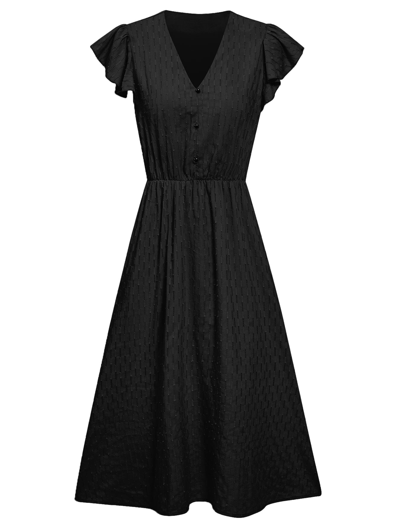 Women Button Down A Line Dress Ruffle Sleeve V-Neckline