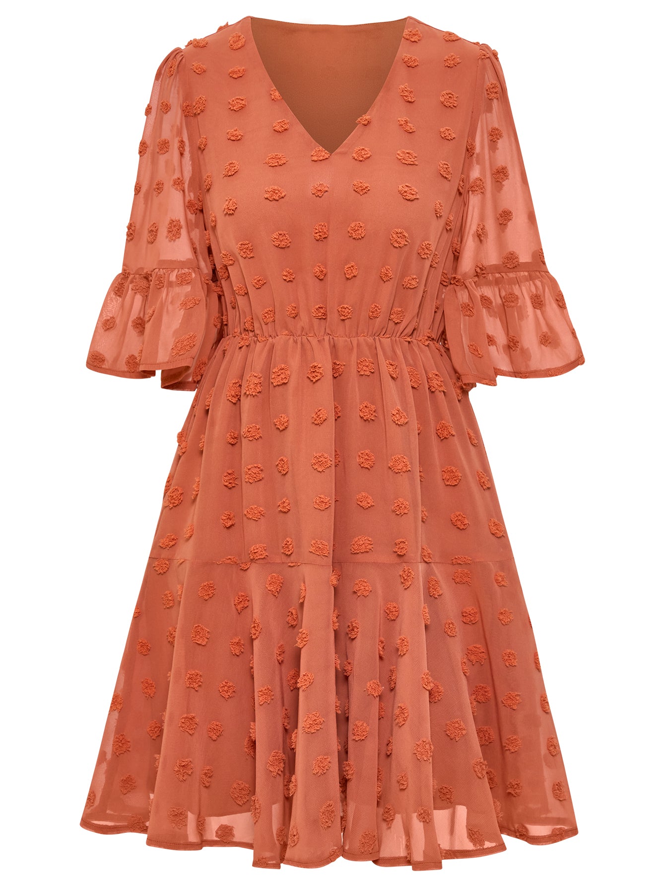 Women Swiss Dot Puff Sleeves V-Neckline Dress Summer Skirt