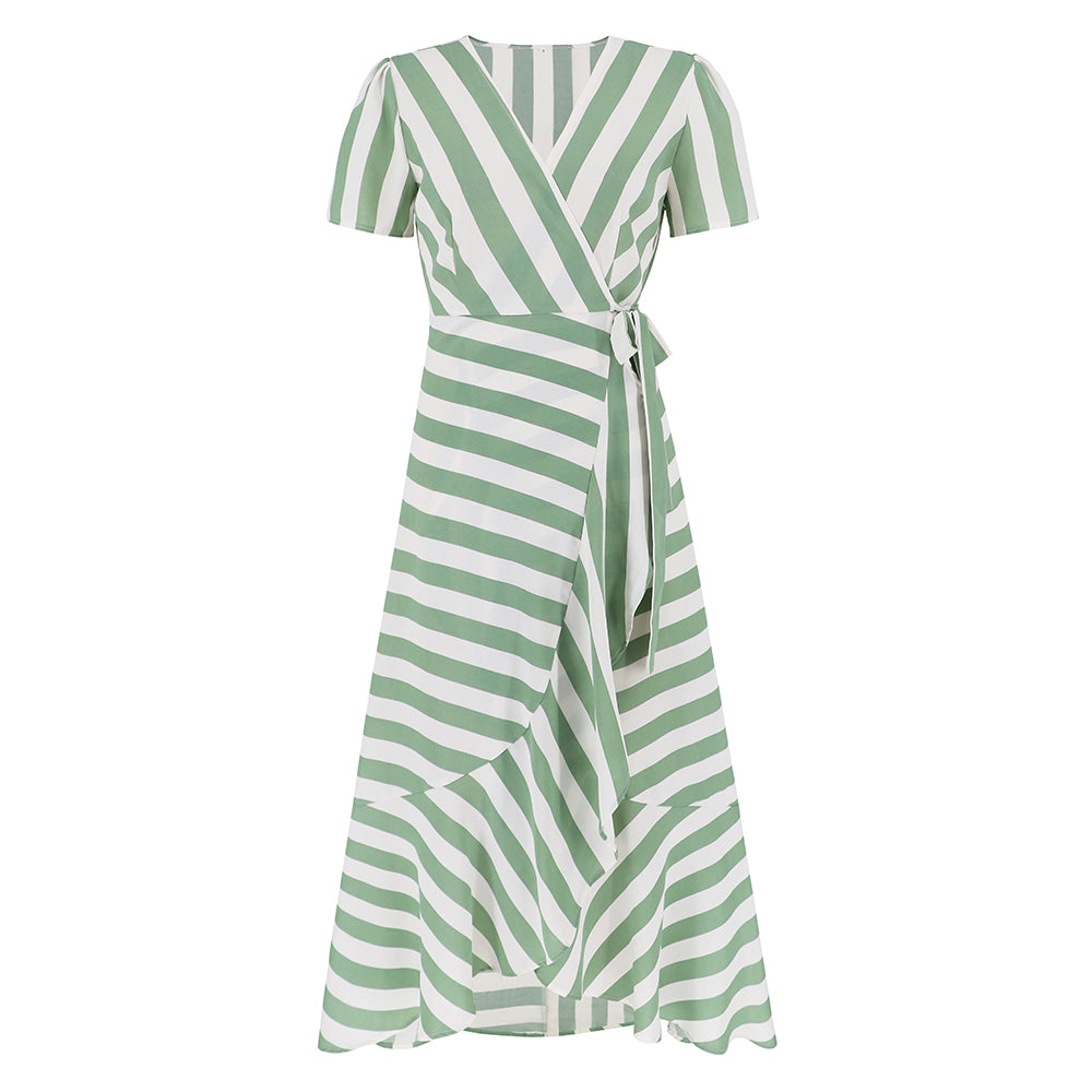 Women Short Sleeve Striped Long Dress V-Neckline Wrap Dress Ruffled