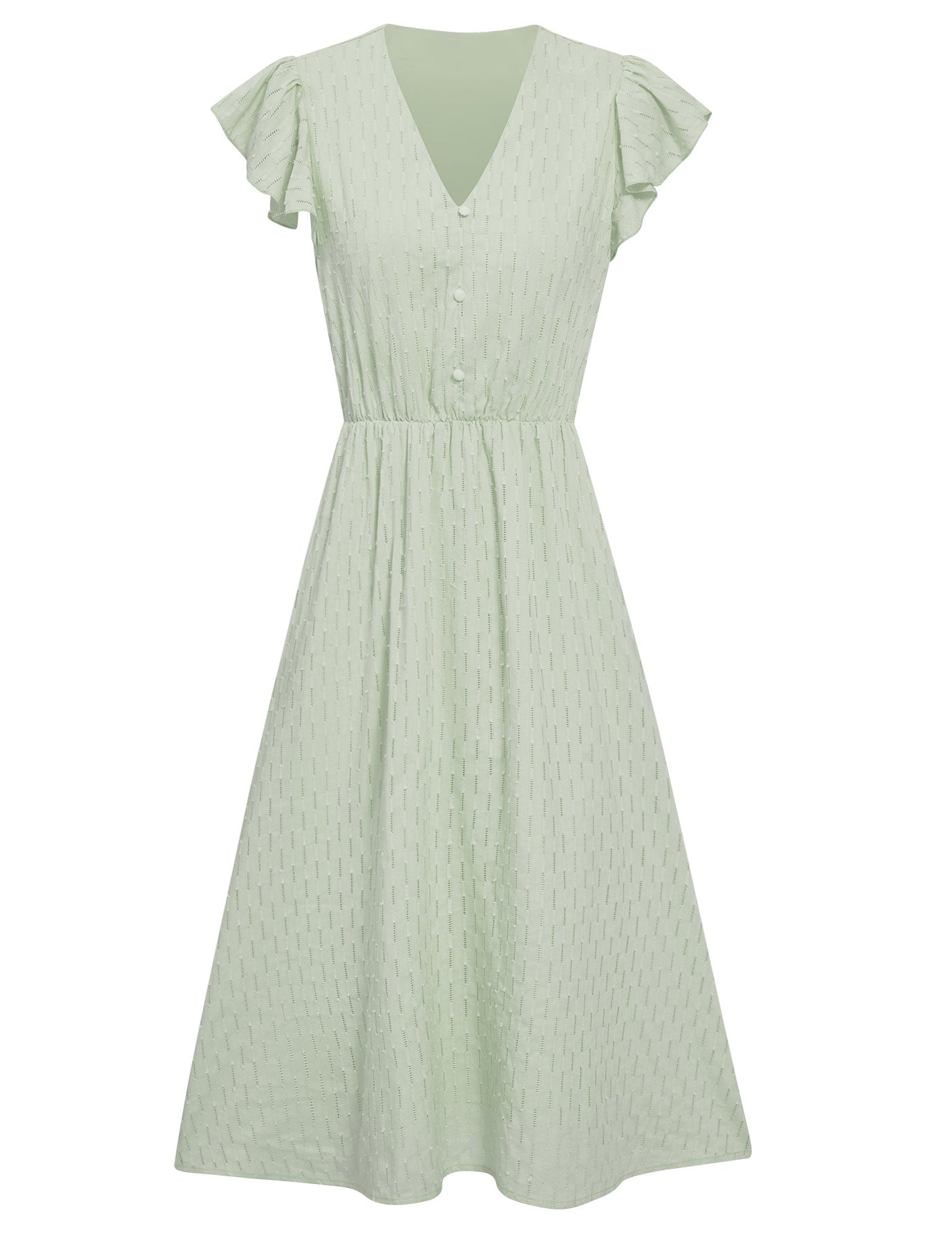Women Button Down A Line Dress Ruffle Sleeve V-Neckline