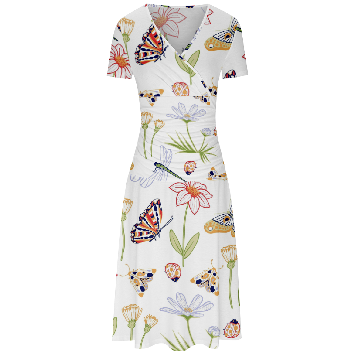 Women Butterfly Dragonfly Print Summer Bodycon Dress V Neckline Short Sleeve