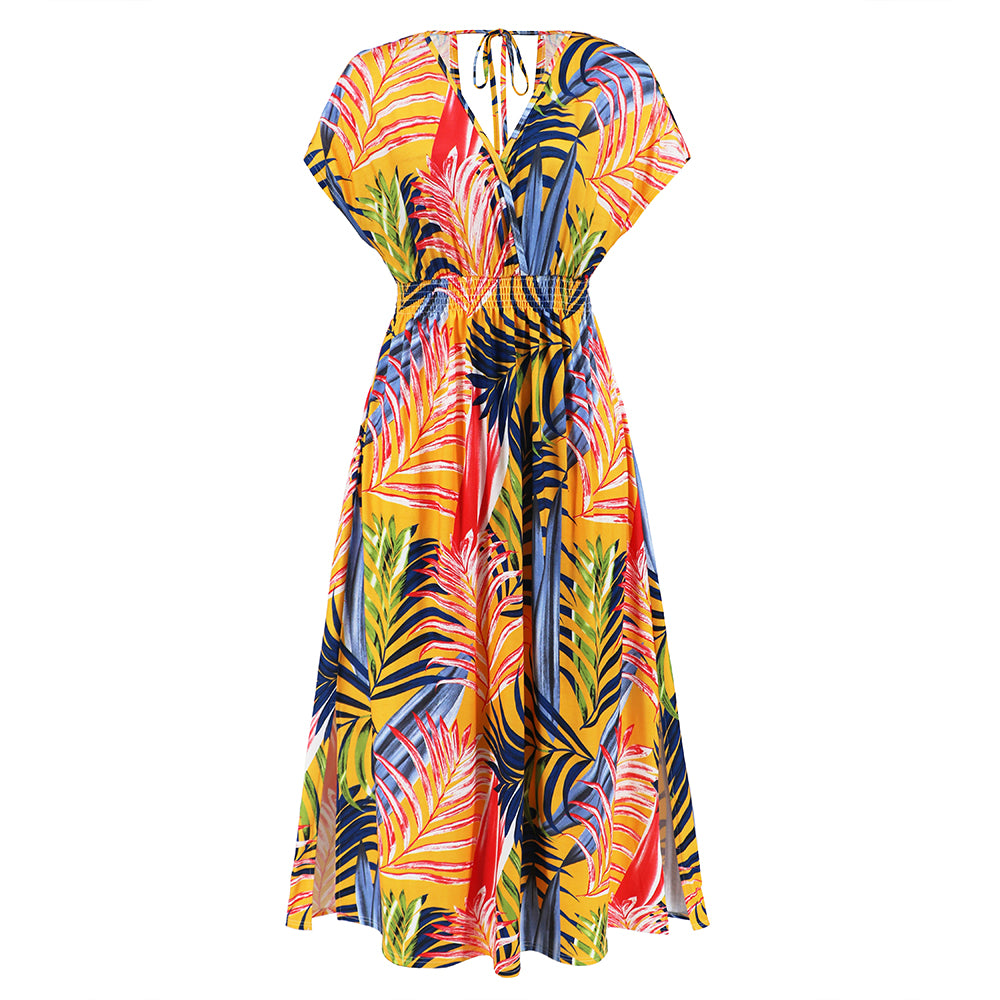 Women Tropical Sundress Short Sleeves Maxi Dress V-Neckline