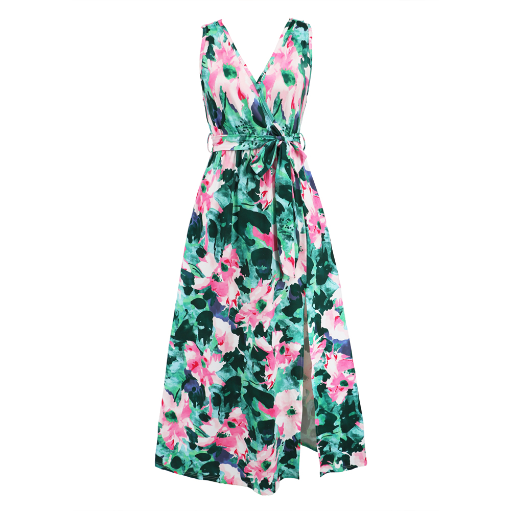 Women Floral Sleeveless V Neck Tie Front Sundress High Waist Long Dress