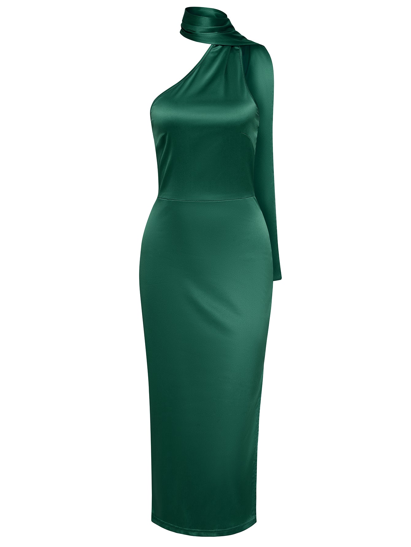 Women Mock Neck Scarf Asymmetrical Midi Dress Split Thigh