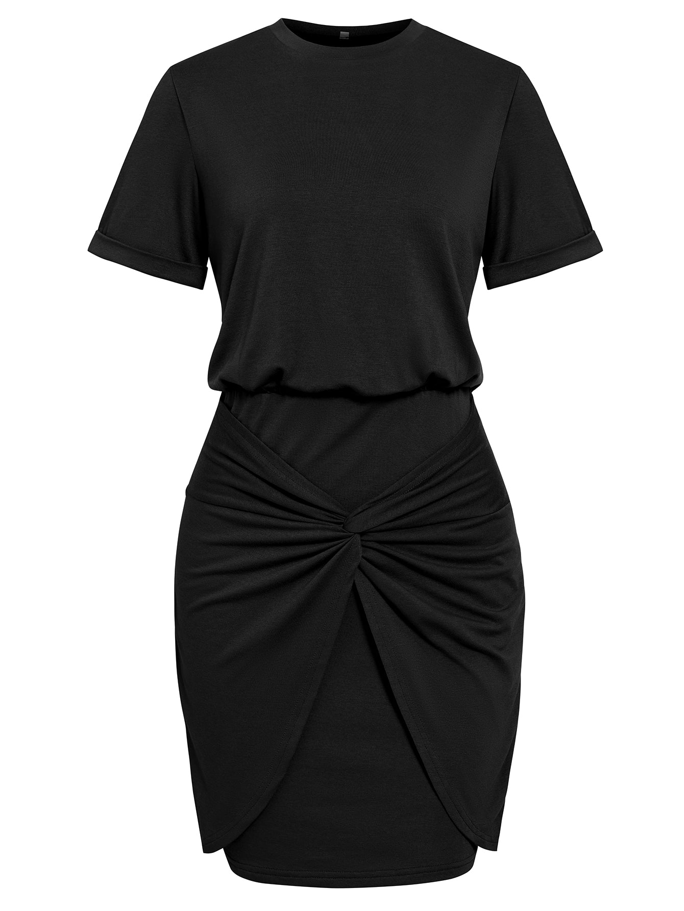 Women Short Sleeves Twisted Knot Ruched Wrap Mini Dress