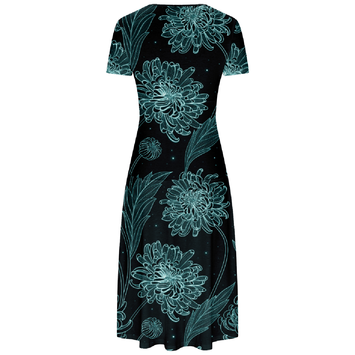 Chrysanthemum Long Dress Slim Waistline V-Neck Short Sleeve Allover Print Dress Casual