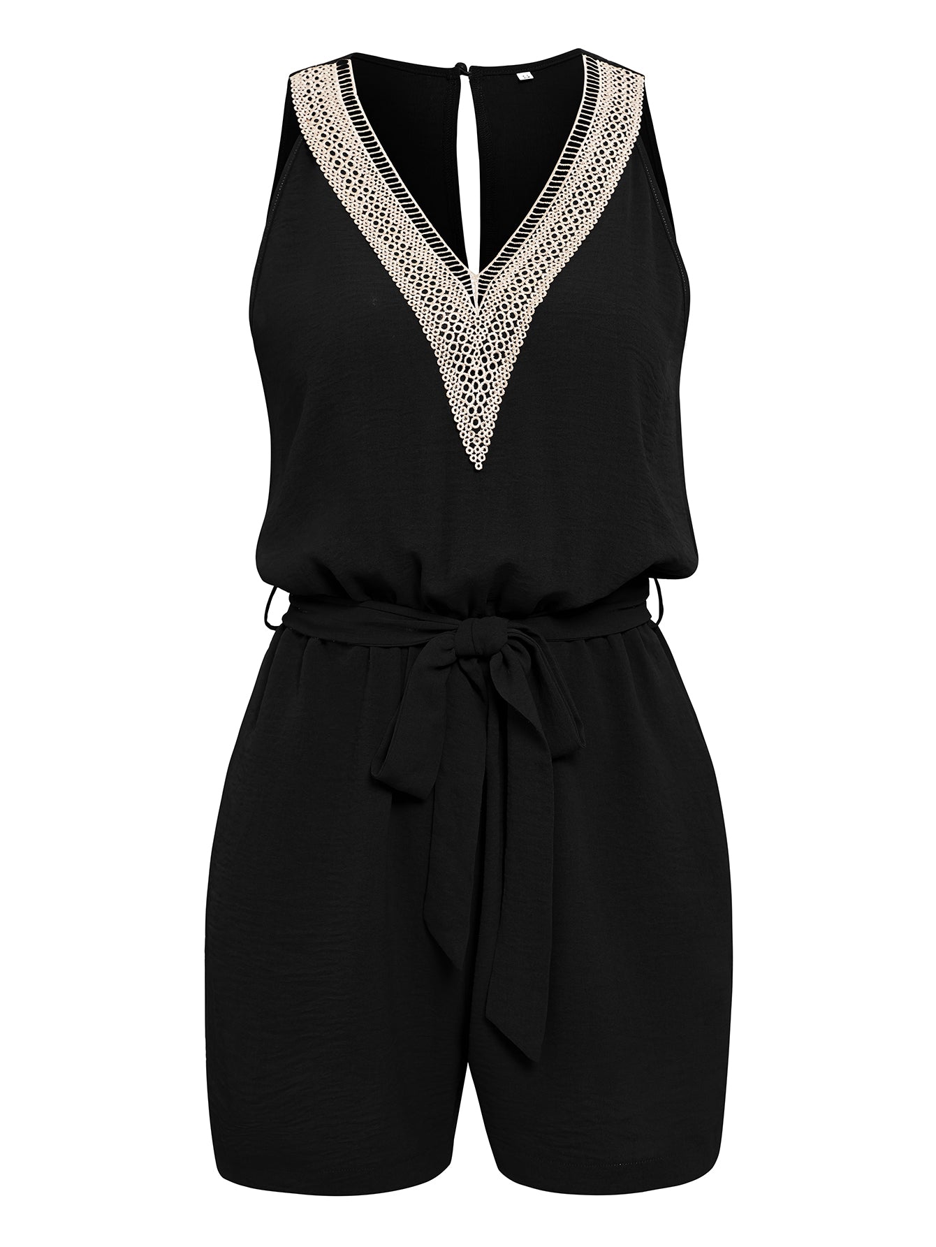 Women Lace V Neck Tie Front Romper Sleeveless