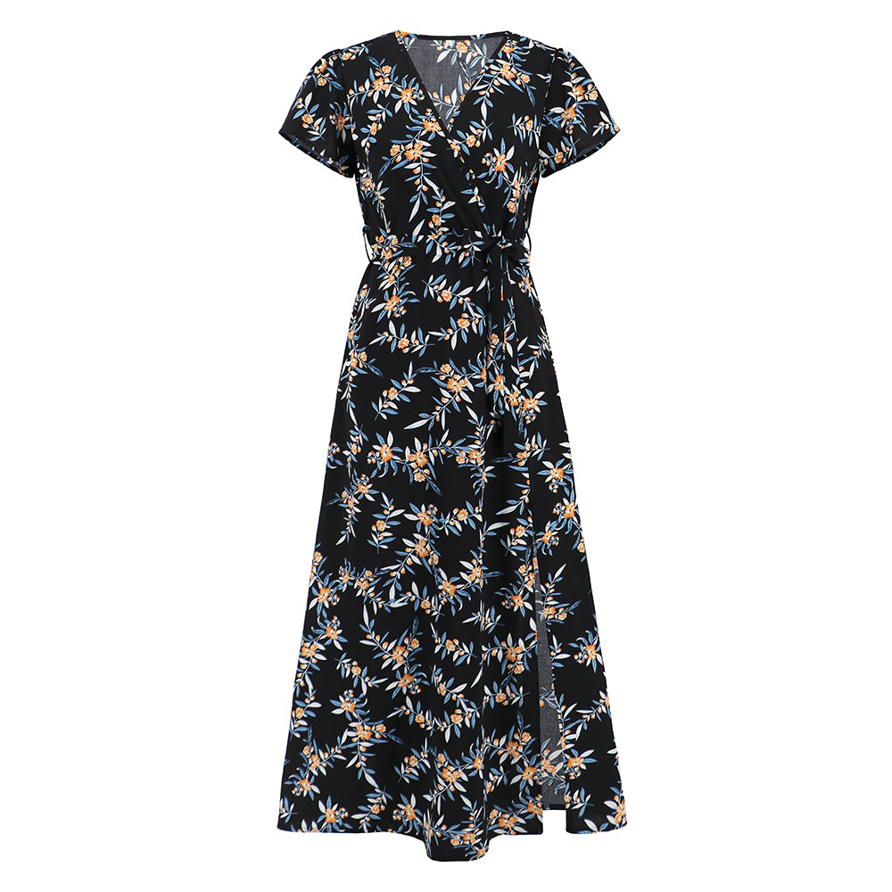 Women Short Sleeve Split Thigh Floral Long Dress V-Neckline