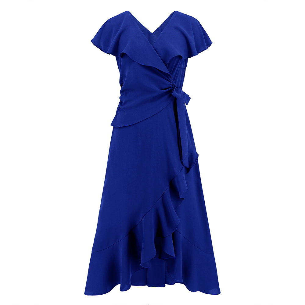 Women Asymmetrical Hem Dress V-Neckline Front Wrap Dress