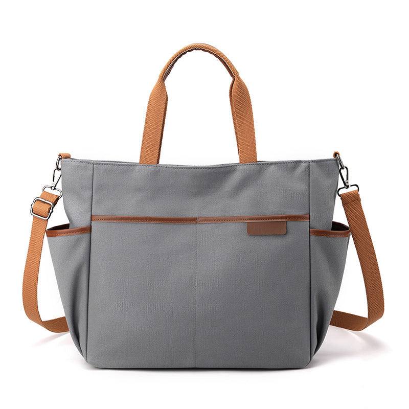 Women Plain Canvas Shoulder Bag with Side Pockets Multiple Functions Bag