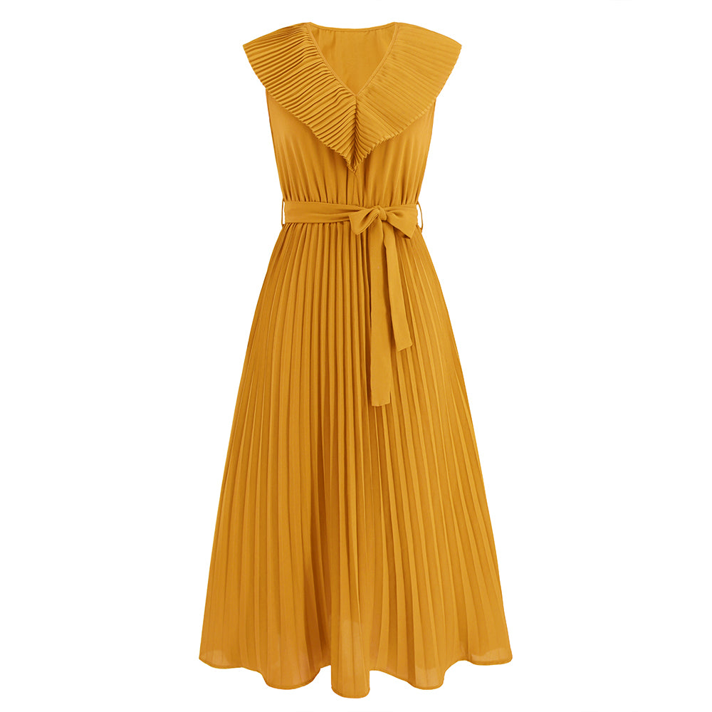 Women Pleated Flowy Dress Sleeveless V-Neckline Wrap Dress