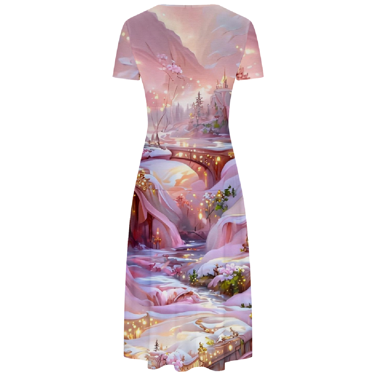 Castle Print Bodycon Dress Women Pink V-Neck Dress Short Sleeve Dress