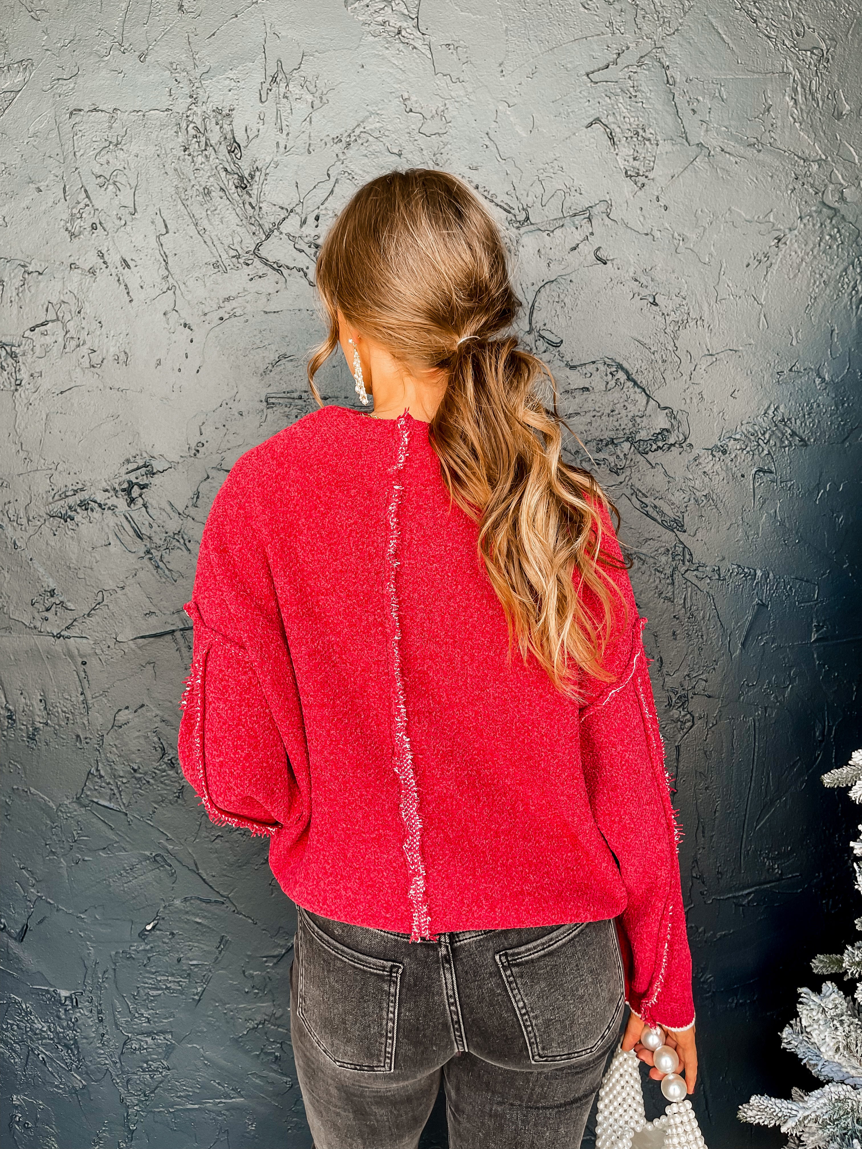 Campfire Cozy Raw Seam Sweater-Red