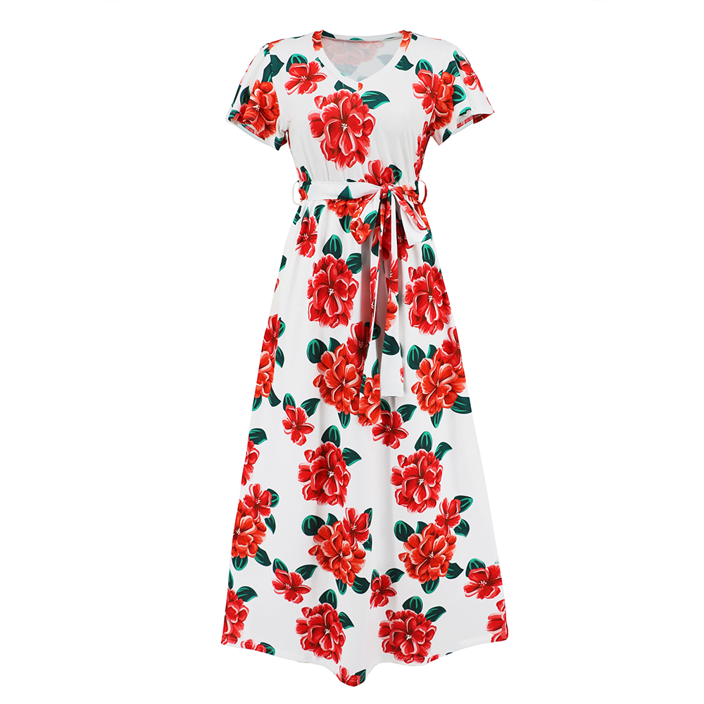 Women Rose Flower Print V Neck Long Dress Short Sleeves Floral Sundress