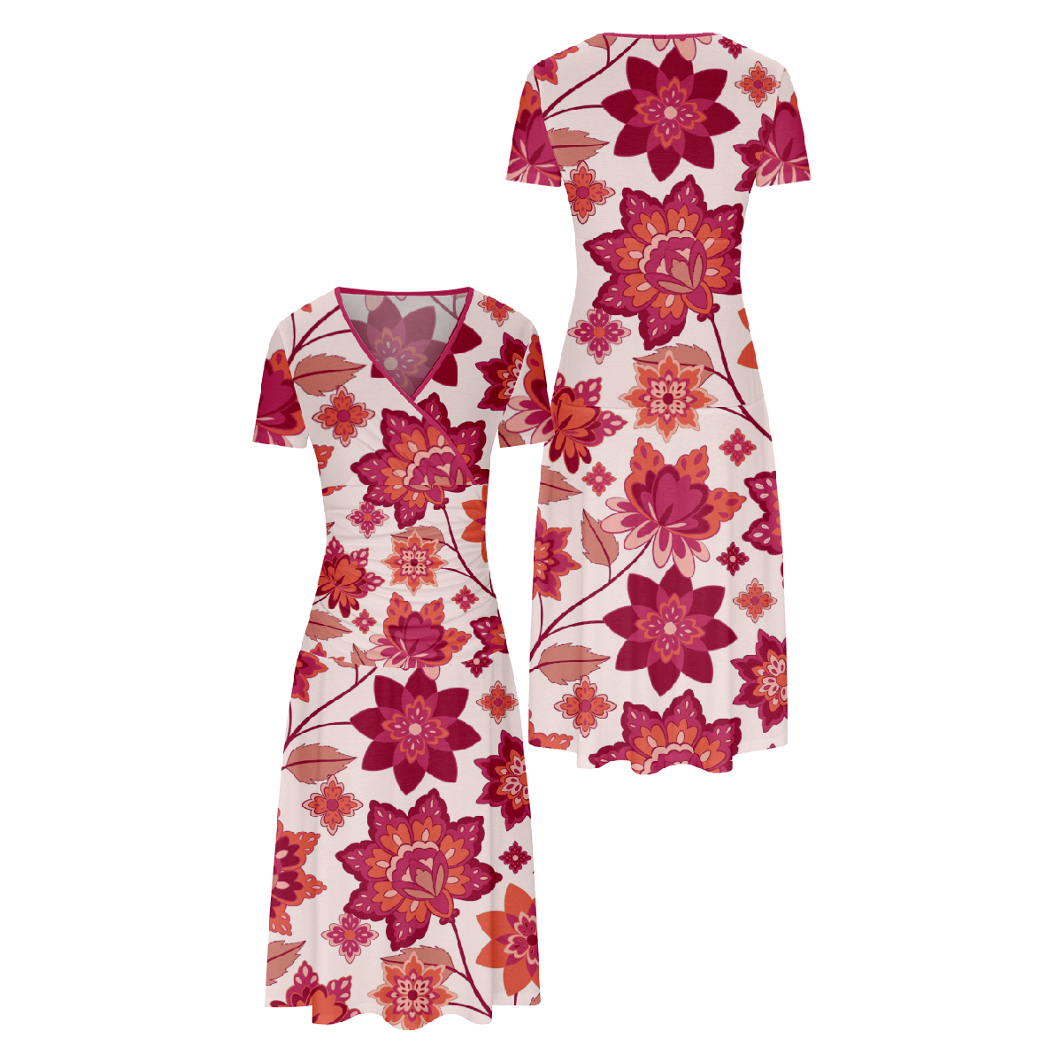 Red Flower Print Dress Women Allover Flower Pattern Print Dress V Neckline Short Sleeve