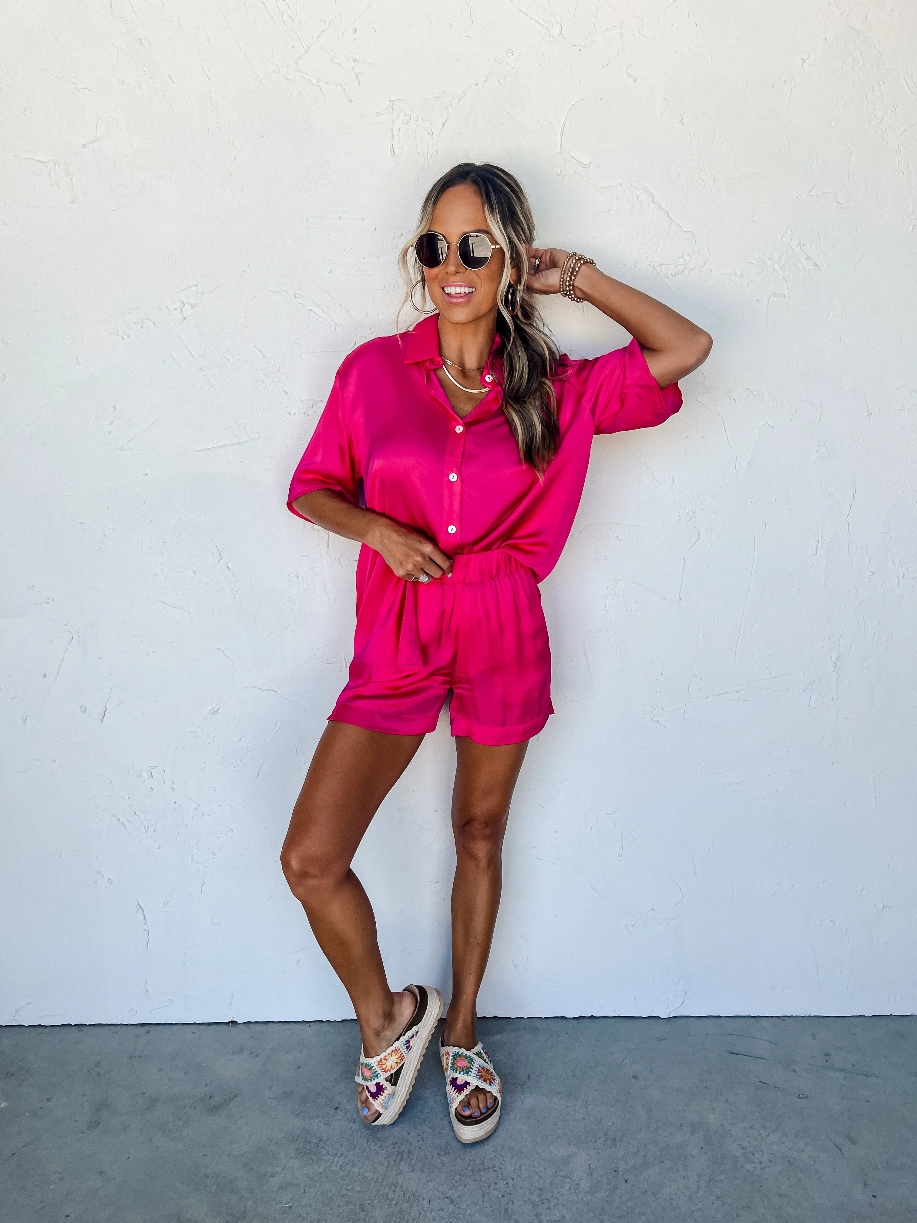 Plain As Day Satin Button Front Top-Pink