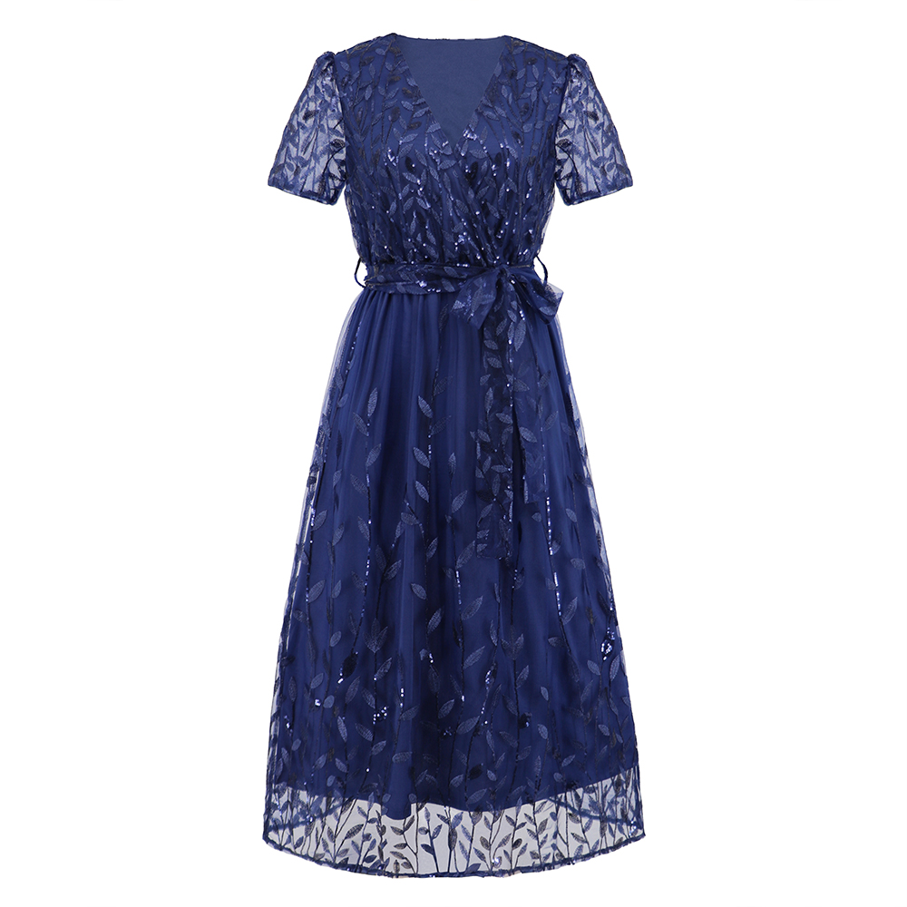 Women Floral Short Sleeve Tie Front Long Dress Lace Dress