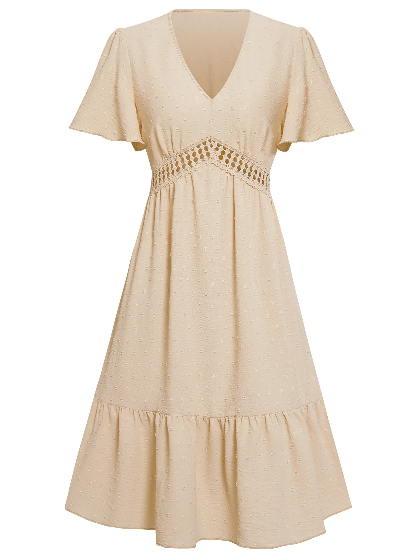 Women Swiss Dot Lace Waist Short Sleeves Dress V Neck Layered HEM