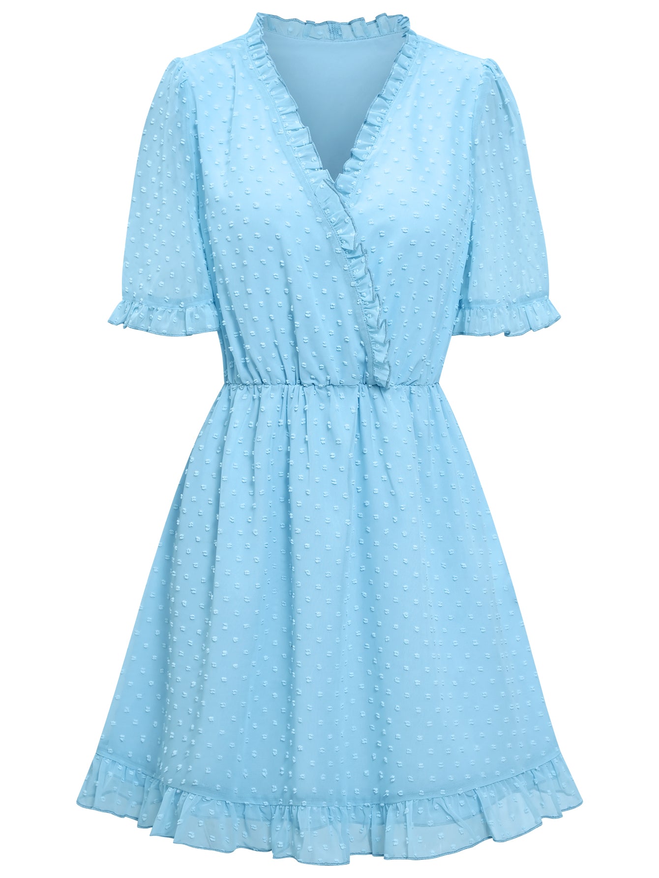 Women Swiss Dot Puff Sleeve Dress Frill Trim Surplice Skirt