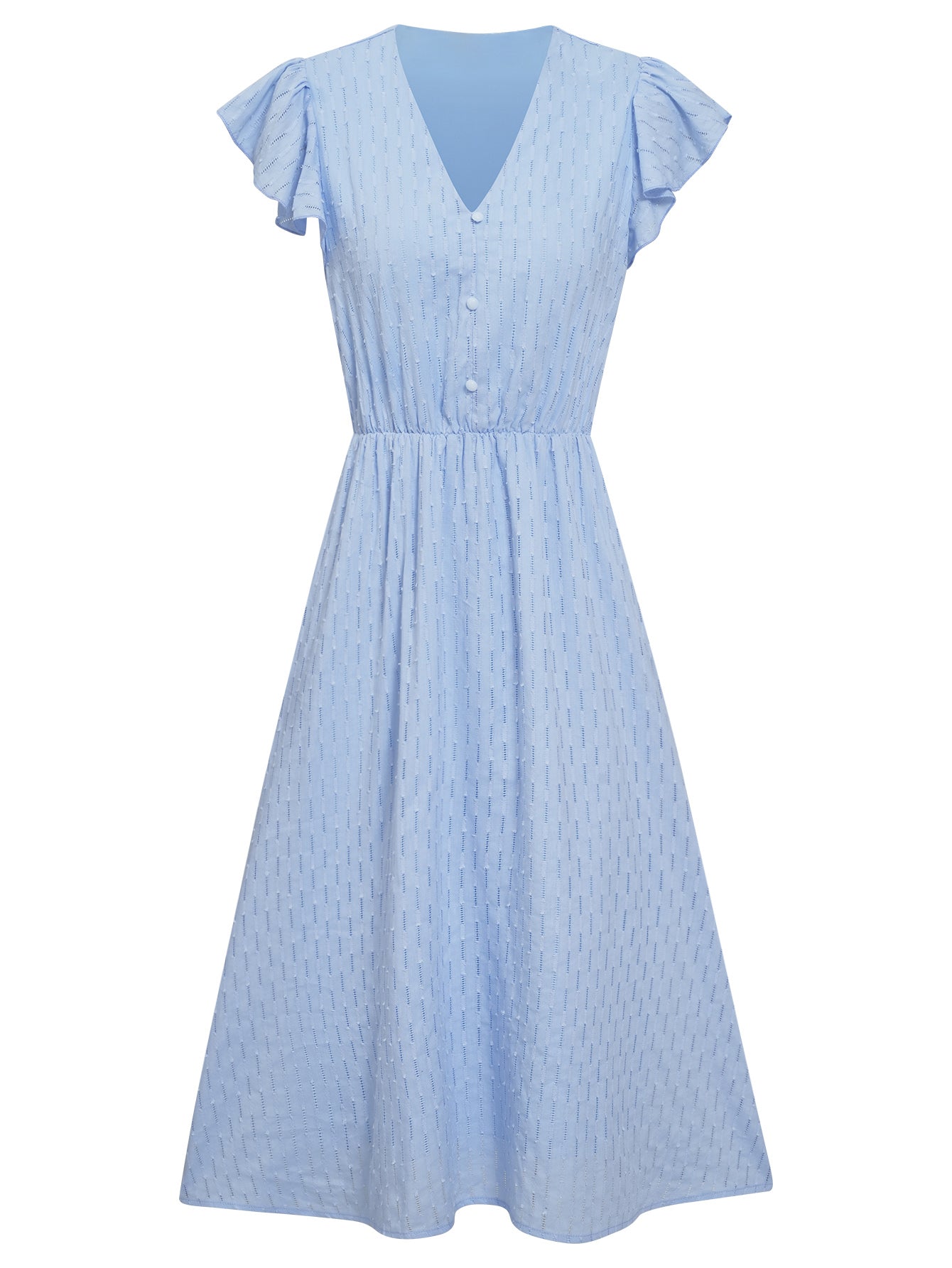 Women Button Down A Line Dress Ruffle Sleeve V-Neckline