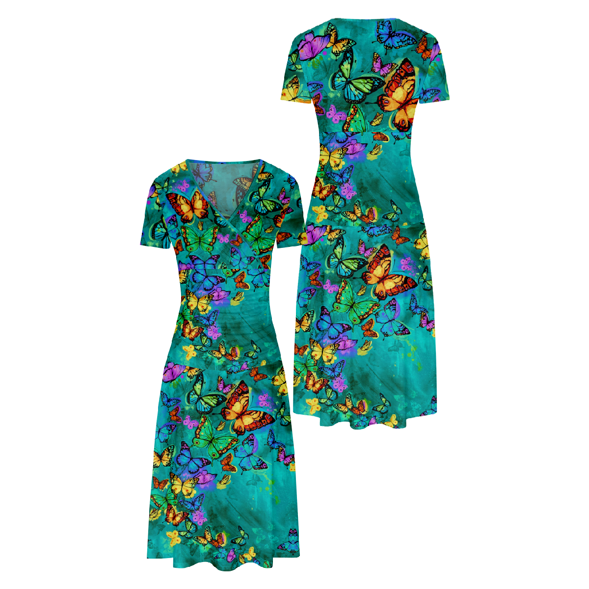 Women Butterfly Print Bodycon Dress Green Dress Short Sleeve V-Neckline
