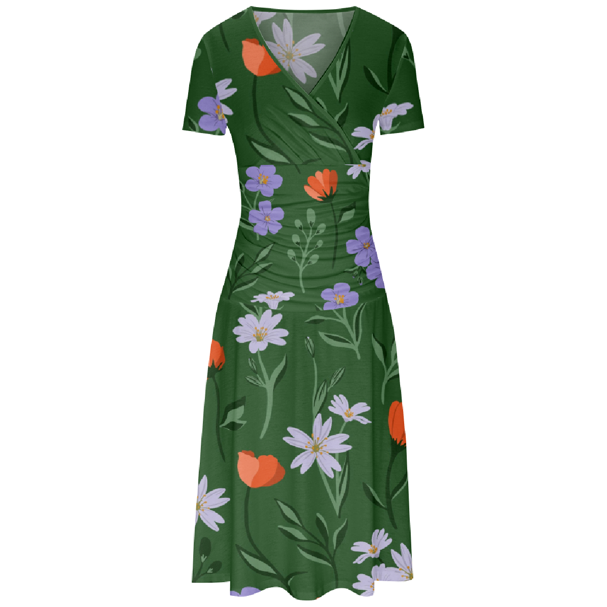 Women Flower Allover Print Slim Waistline Dress V Neckline Short Sleeve Long Dress