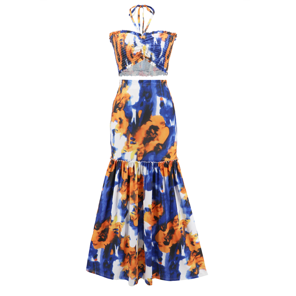 Women Two-Piece Bohemian Floral Print Dress Sleeveless Ruffle HEM