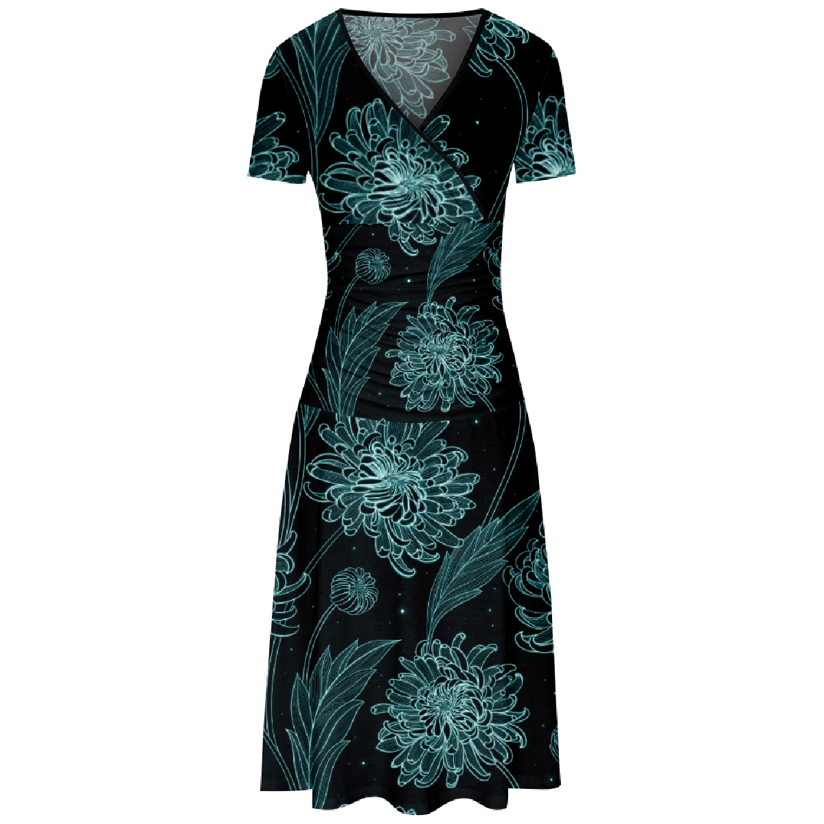 Chrysanthemum Long Dress Slim Waistline V-Neck Short Sleeve Allover Print Dress Casual