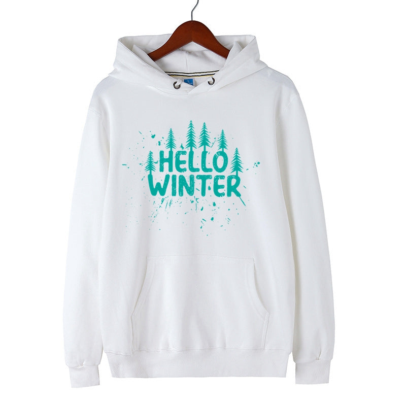 Hello Winter Hoodie Snow and Forest Graphic Print Sweatshirt Cotton Merch
