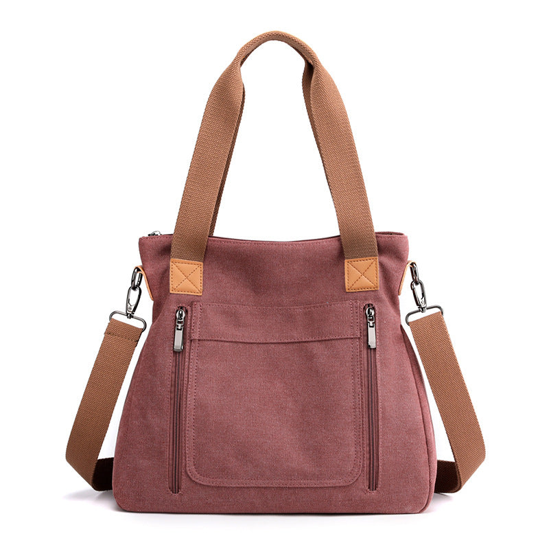 Women Plain Canvas Tote Bag with Zipper Outside Pockets Shoulder Bag