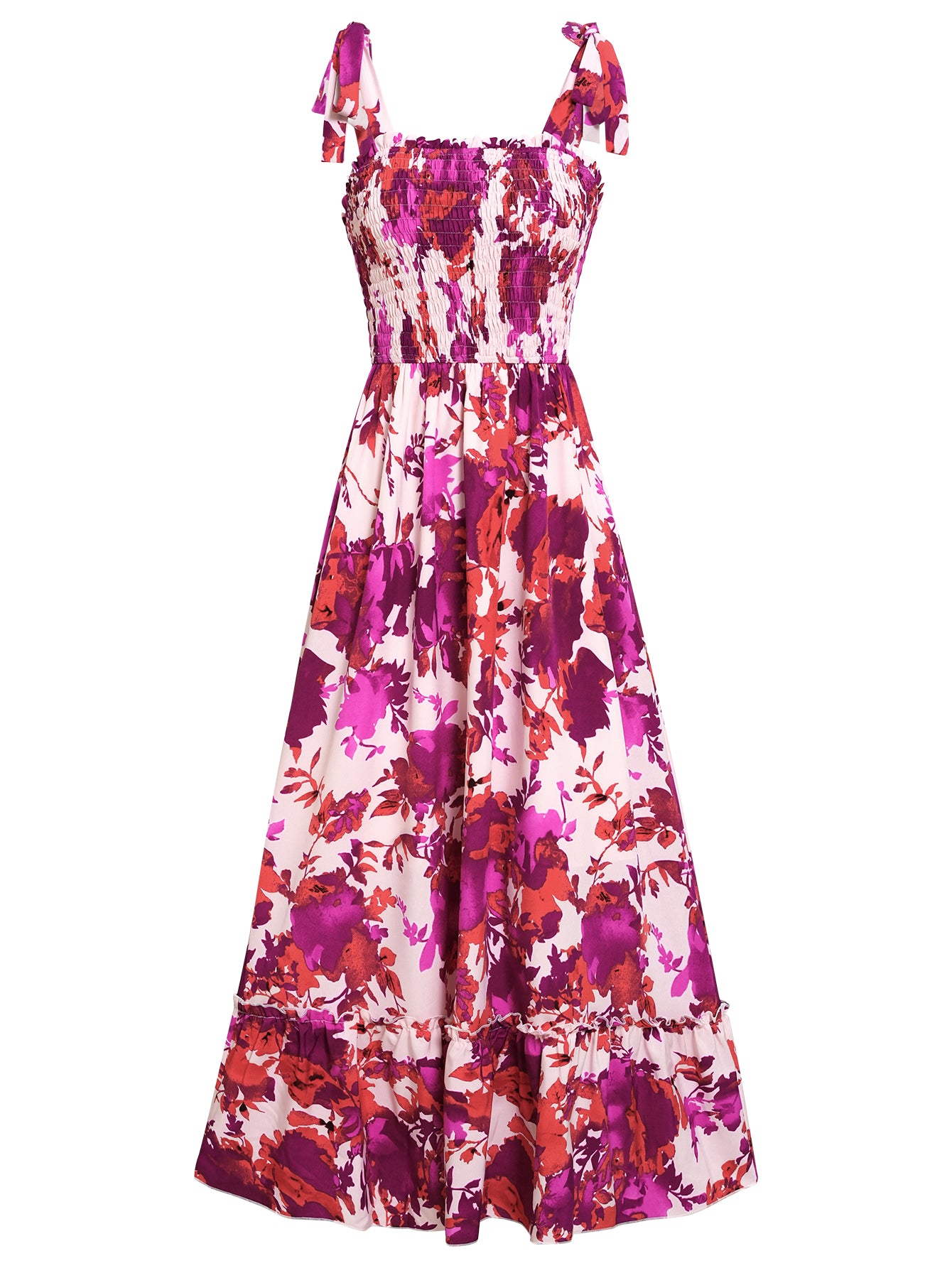 Women Floral Print Strap Sleeveless Long Dress Ruffle HEM
