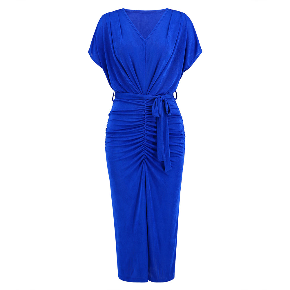 Women Formal Wrap Dress Short Sleeves Bodycon V-Neckline