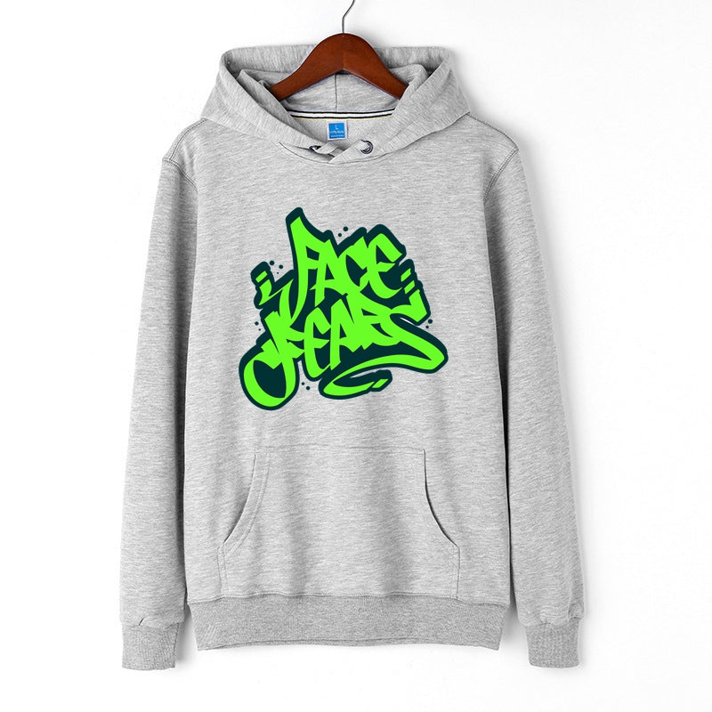 Graffiti Hoodie Letter Face Fears Print Pullover for Men Green Letter Print Tops