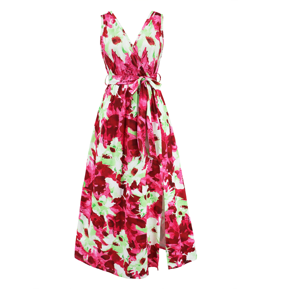 Women Floral Sleeveless V Neck Tie Front Sundress High Waist Long Dress