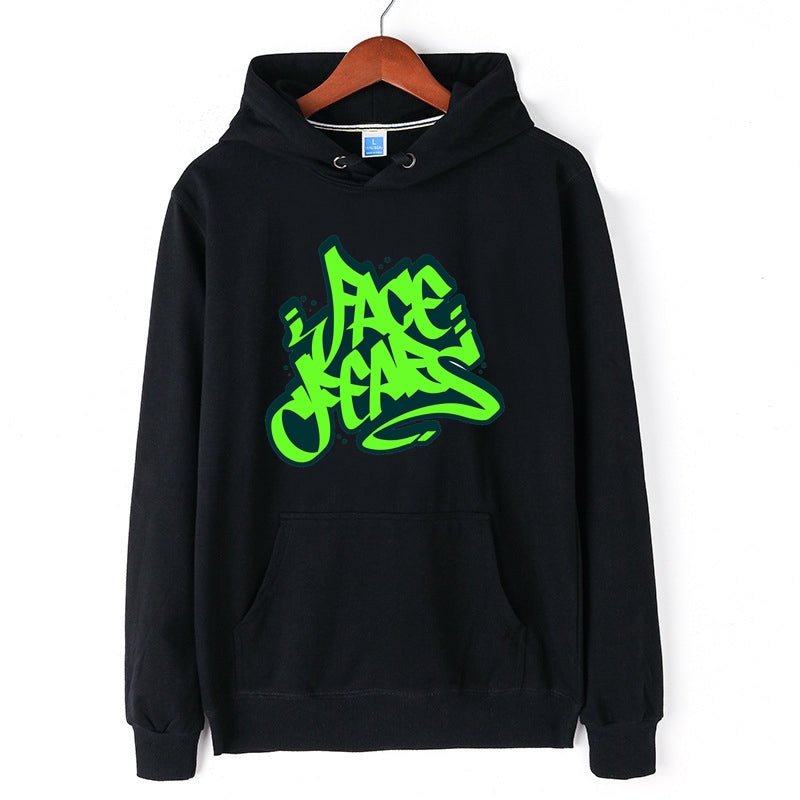 Graffiti Hoodie Letter Face Fears Print Pullover for Men Green Letter Print Tops
